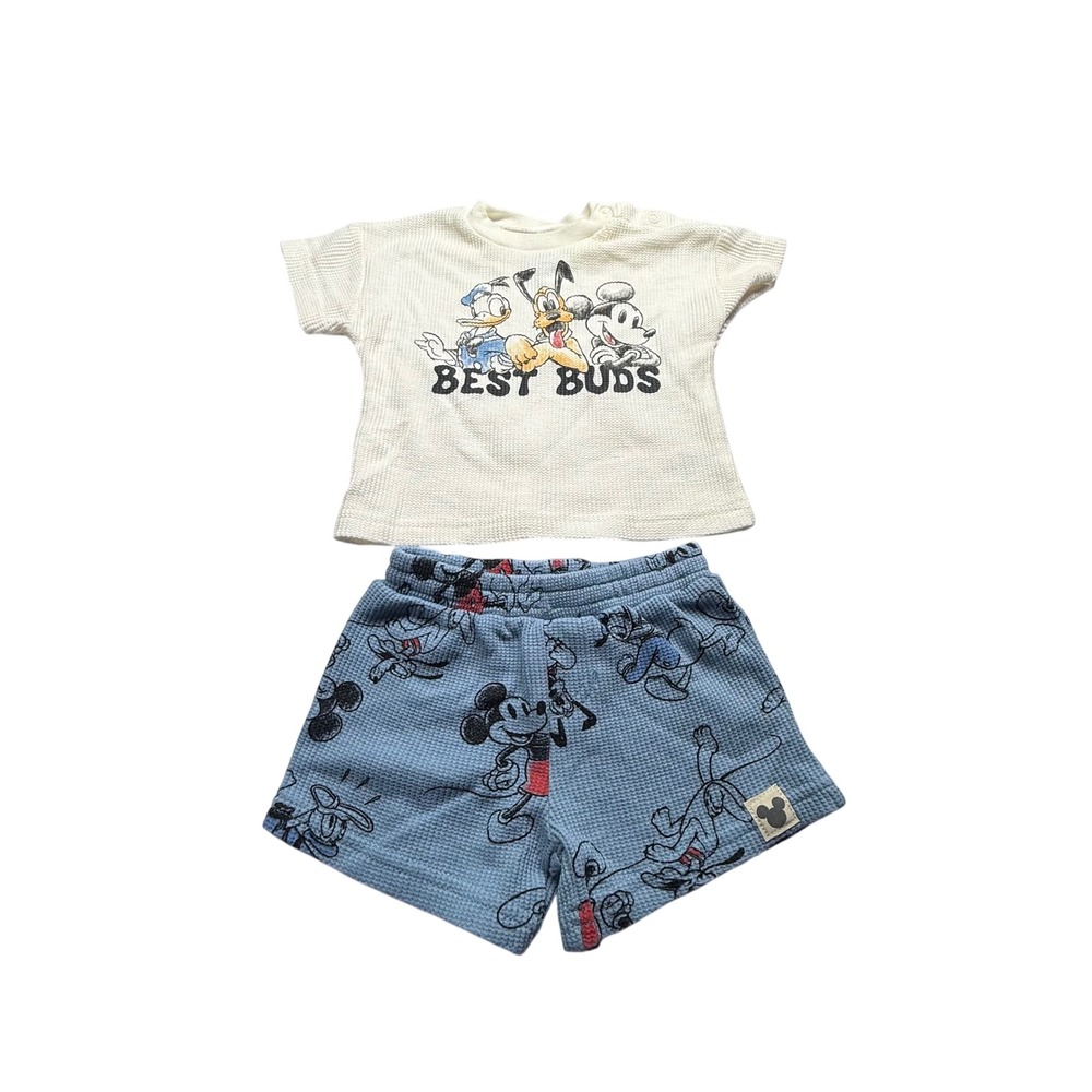 Disney Mickey and Friends Baby Waffle Knit Set 3-6M Best Buds Blue Cream 2pc